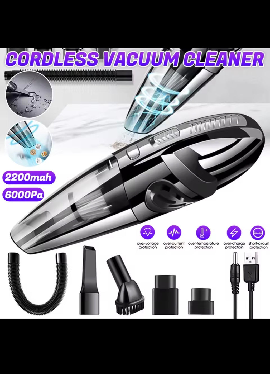 Wireless Handheld Vacuum Cleaner USB Charging Car Vacuum Cleaner Portable Wet&Dry Handheld Strong Suction Cordless 12000pa