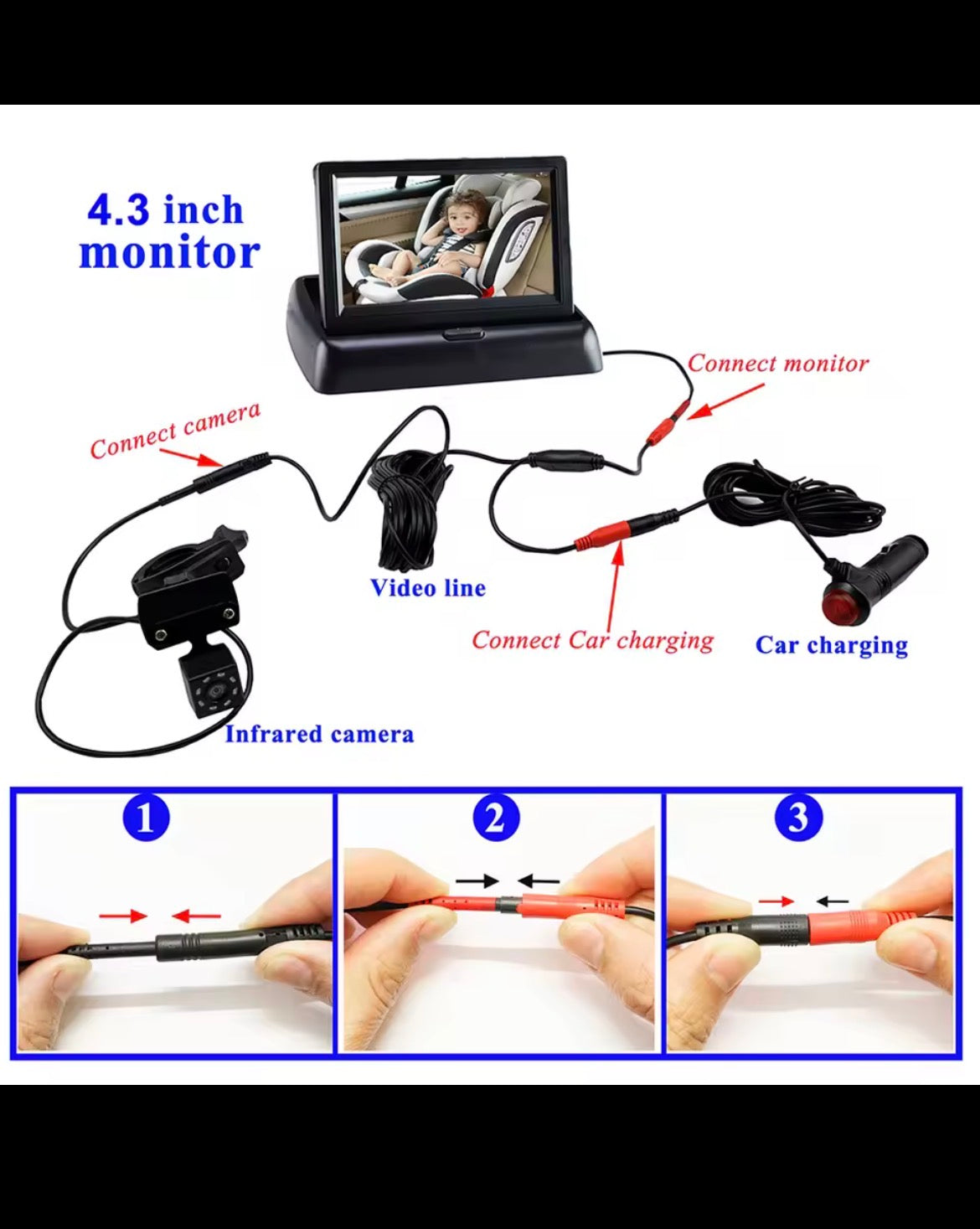 4.3 Inch HD Baby Car Mirror 150 Wide View 8LED IR Night Vision Back Seat Baby Car Camera Folding Screen Car Seat Mirror Display